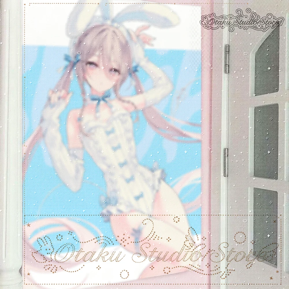 ふわふわ Soft Bunny Ear Anime Girl Tapestry Light Blue Bow Knit Outfit Wall Hanging ale Color Rabbit Girl Anime Tapestry Bow Decor K