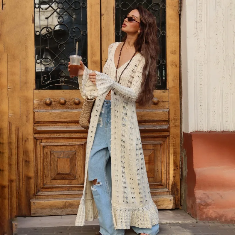 

EOENKKY Chic Single-breasted Hollow Out Knitted Cardigan Women Elegant V Neck Flare Long Sleeve Cardigans 2025 Autumn Streetwear