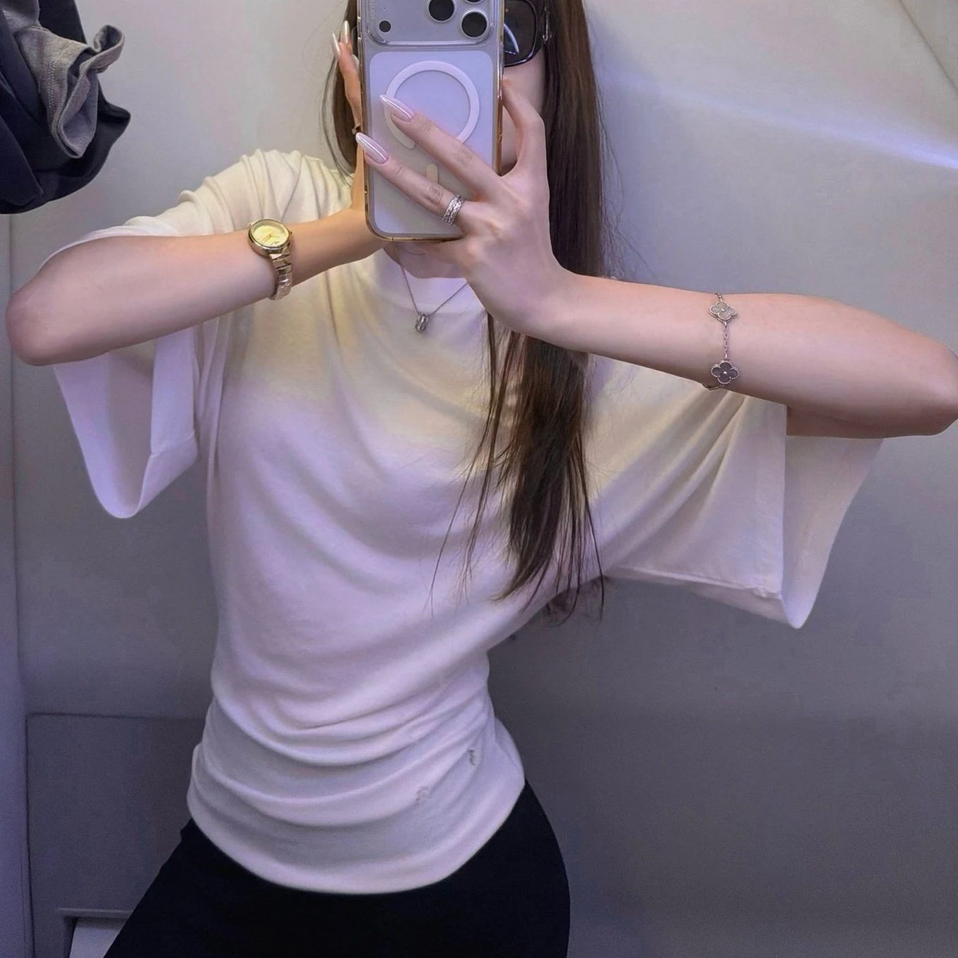 Tops Women Top Round Neck Short Sleeve Solid T Shirts Y2k Streetwear Splice Elegant Work Tees Casual Slim Fit Summer 2026
