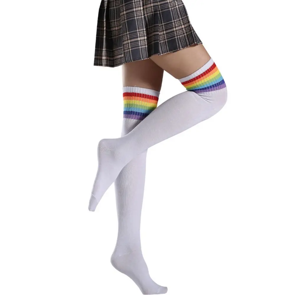 Novelty Rainbow Strips Thigh High Stockings Non Slip Breathable Long Knit Socks Comfortable Soft Over The Knee Socks Ladies