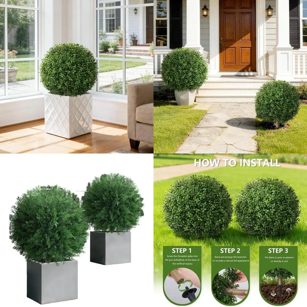 Outdoor Artificial Topiary Ball Trees Set of 2 for Garden, UV-Resistant Green Bushes with Ground Spikes