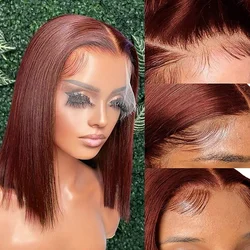 Peluca de cabello humano liso de 13x4, postizo de encaje frontal transparente, color marrón rojizo