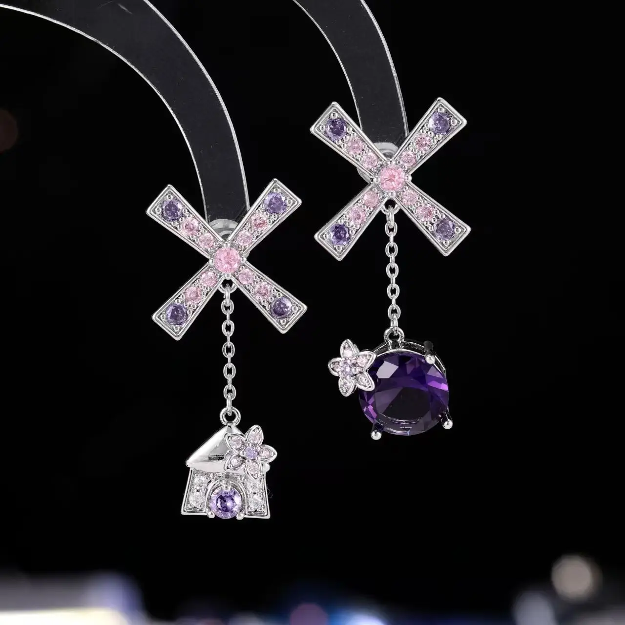 

2025 Hot-sale 925 Silver Windmill Drop Dangling Earring Natural Amethyst Asymmetrical Ear Stud Purple Pink Girlish Jewelry Gifts