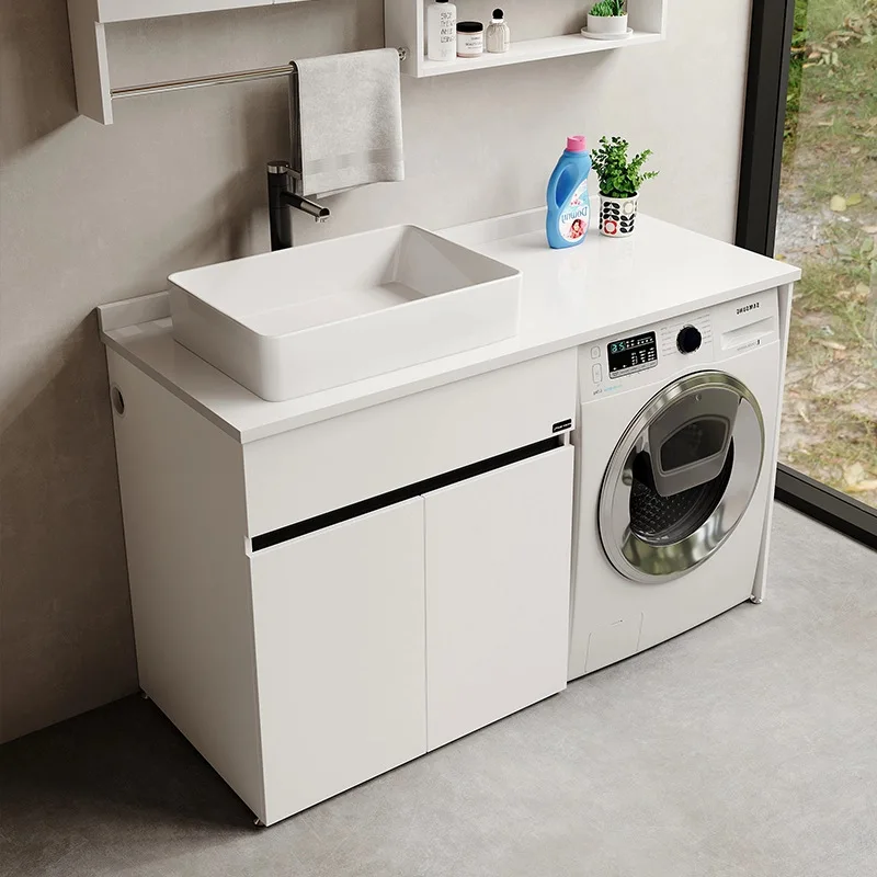 Floor-standing balcony washbasin and washing machine cabinet combination with large countertop for storage