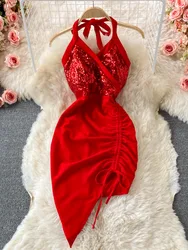 Summer Women Dress Sexy Lace-up Halter Sleeveless Sequins Party Dress High Waist Drawstring Ruched Irregular Backless Club Dress