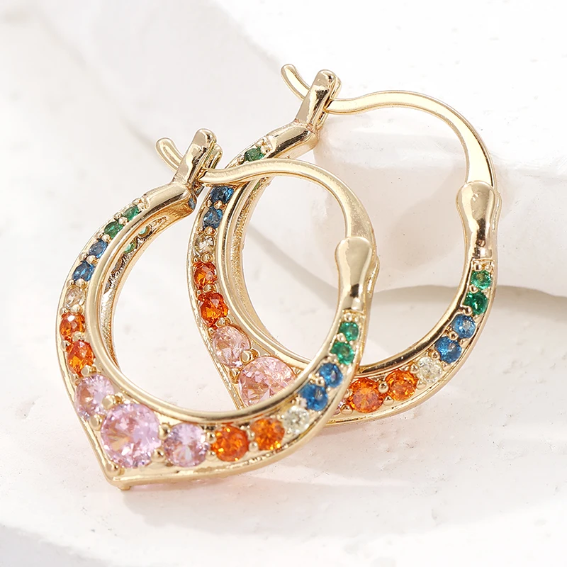 Klassische Modische Goldfarben-Ohrringe für Damen, Exquisite Metallgeometrie mit Bunten Zirkonia-Besatz, Creolen-Schmuckgeschenke