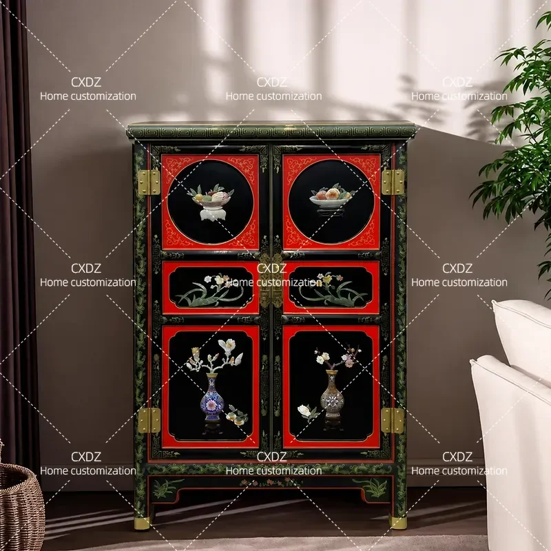 New Chinese Style Lacquerware Carved Jade Inlay Double Door Cabinet Dining Sideboard Wall Integrated Storage Shelf