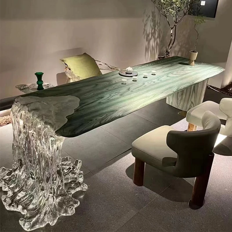 Flowing water tea table Modern crystal solid wood Kung Fu tea table High transparency villa table