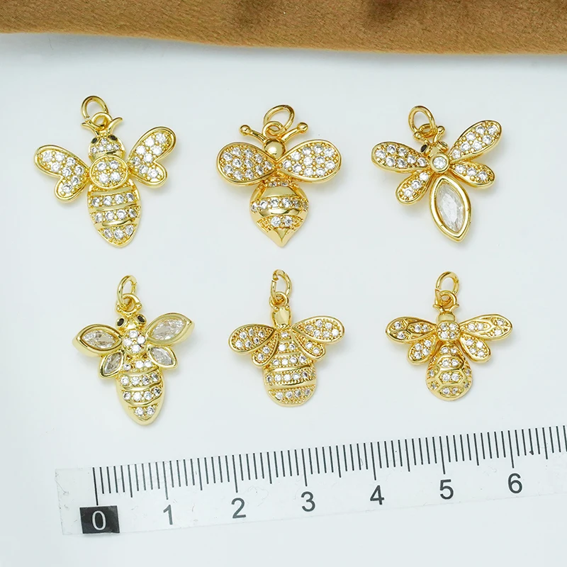 5 Pcs Copper Gold Plated Bee Pendant for Diy Necklace Jewelry Making Accessories Pave Inlay Zircon Animals Charm Parts Wholesale