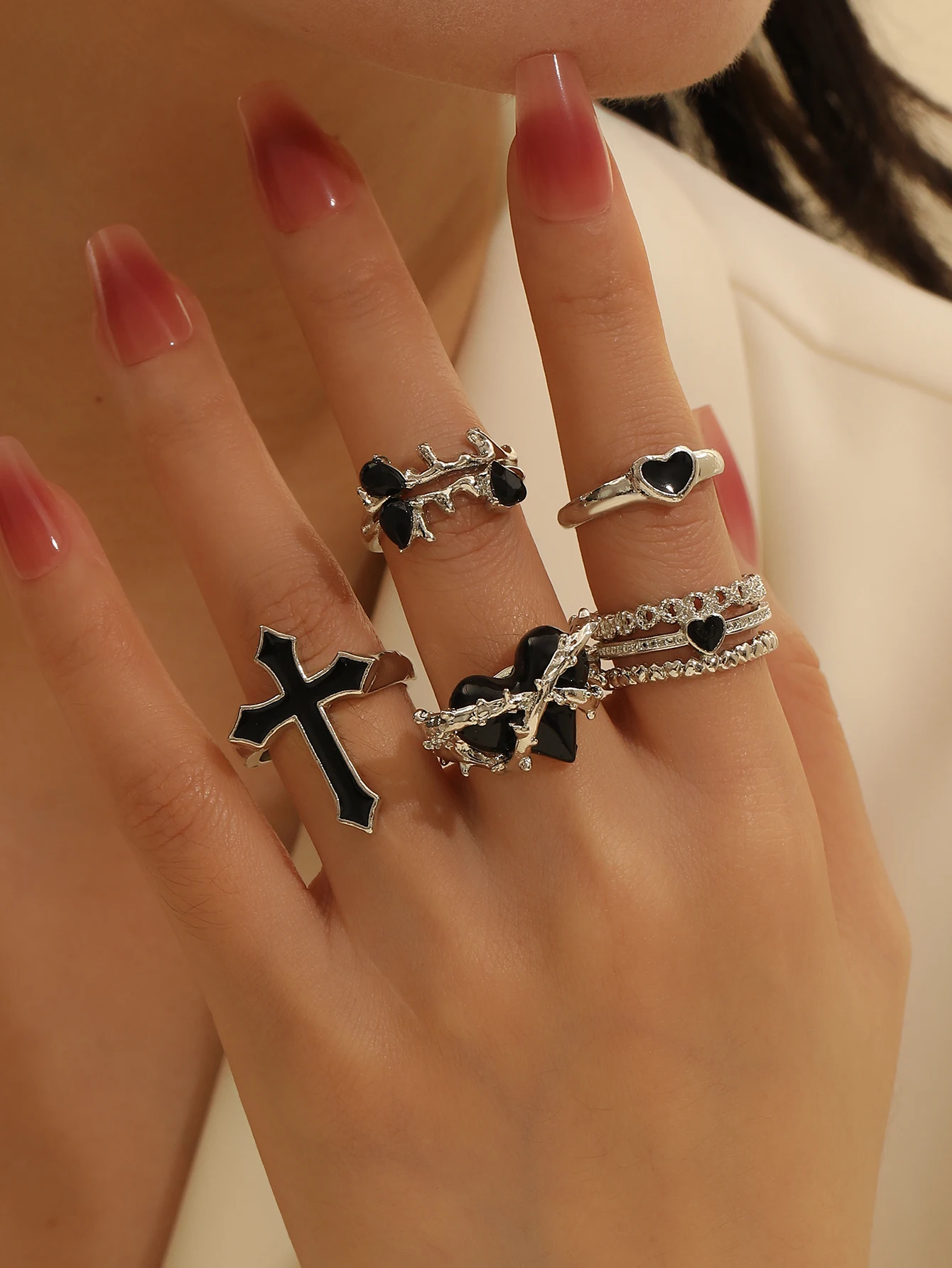 5 piece stylish vintage black heart and cross, drip adjustable open ring set, perfect for holiday gifts