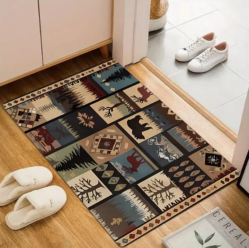Folk Art Patchwork Floor Rug Vintage Bohemian Botanical Floral Geometric Block Mosaic Warm Earth‑Tone Decor Area Rug