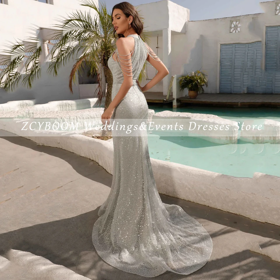 Charming O-Neck Sequin Shiny Off The Shoulder Evening Dress 2025 Mermaid Floor Length Sweep Train Custom Made Prom Dress