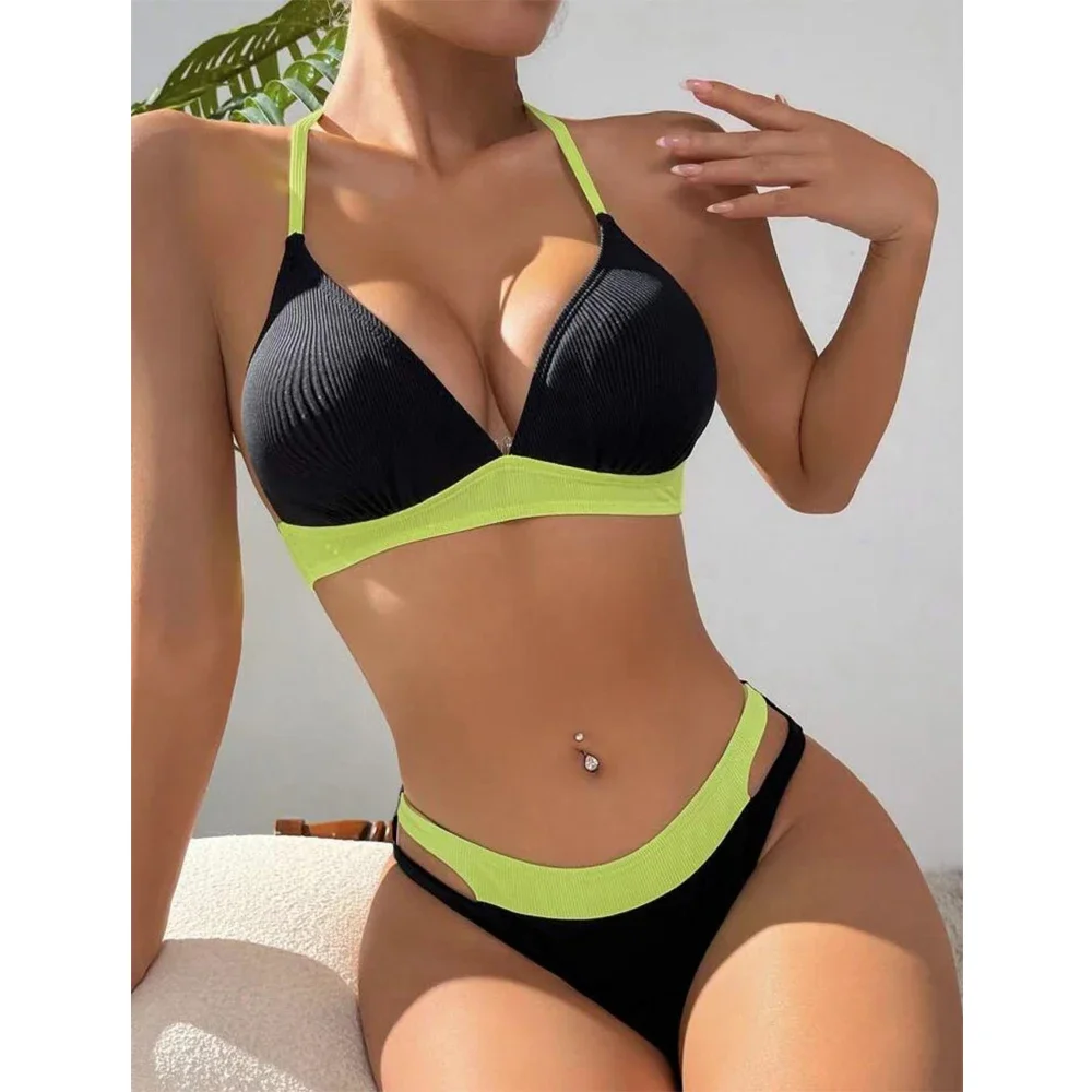 2025 Color Block Swimsuit Women Two Piece High Waist Bikini Fluorescent Strap Bathing Suit V-neck Push-up Summer Beach Swimwear