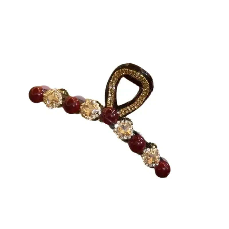 1pc Rose Red Pearl Clip Women's Autumn and Winter New Fashion Style, Back of the Head Plate Hair Clip Hair Accessory