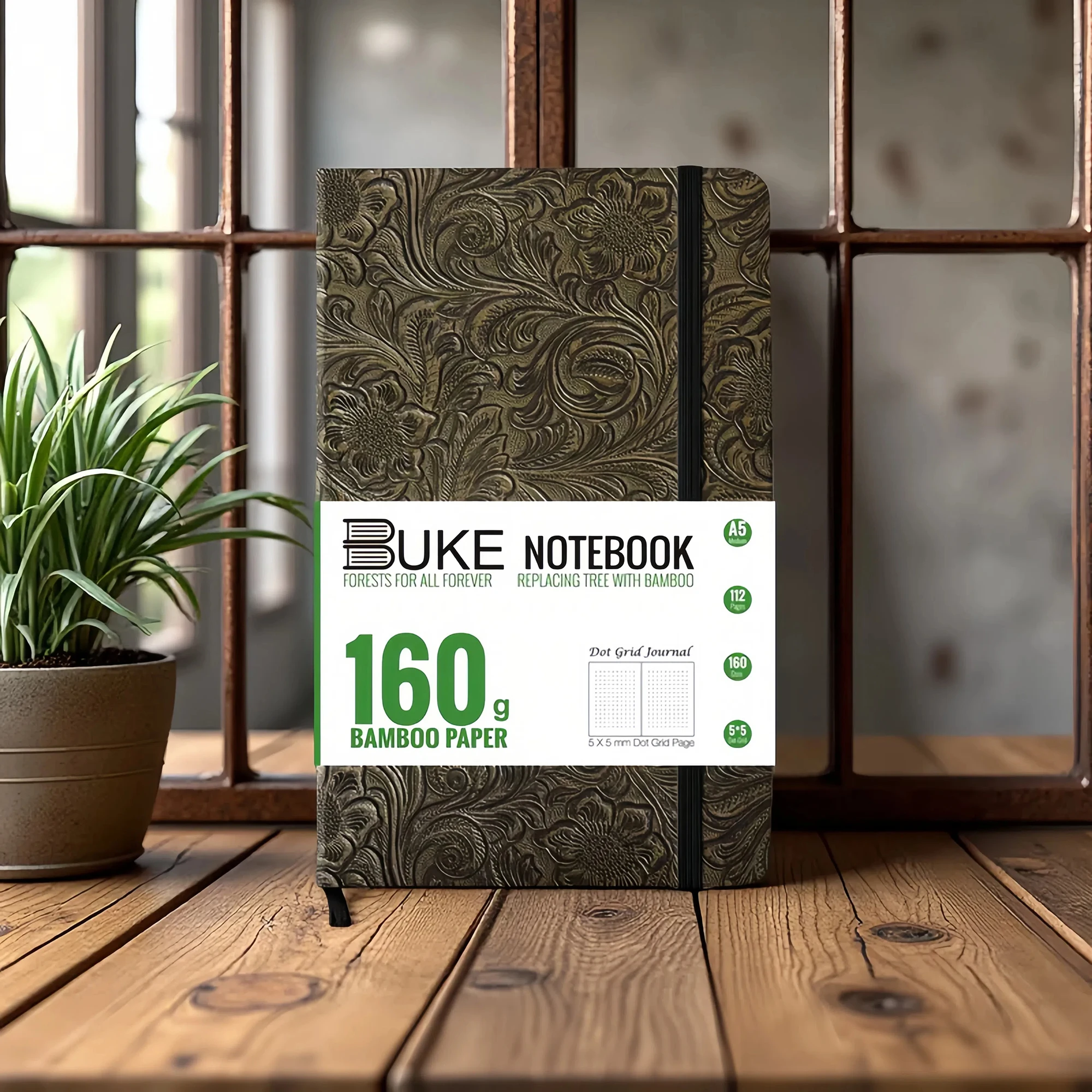BUKE Diario con puntos de bolsillo floral retro, piel sintética en relieve 3D, tapa dura A5, papel grueso de 160 g/m2, cuaderno de cuadrícula de puntos de 5x5 mm