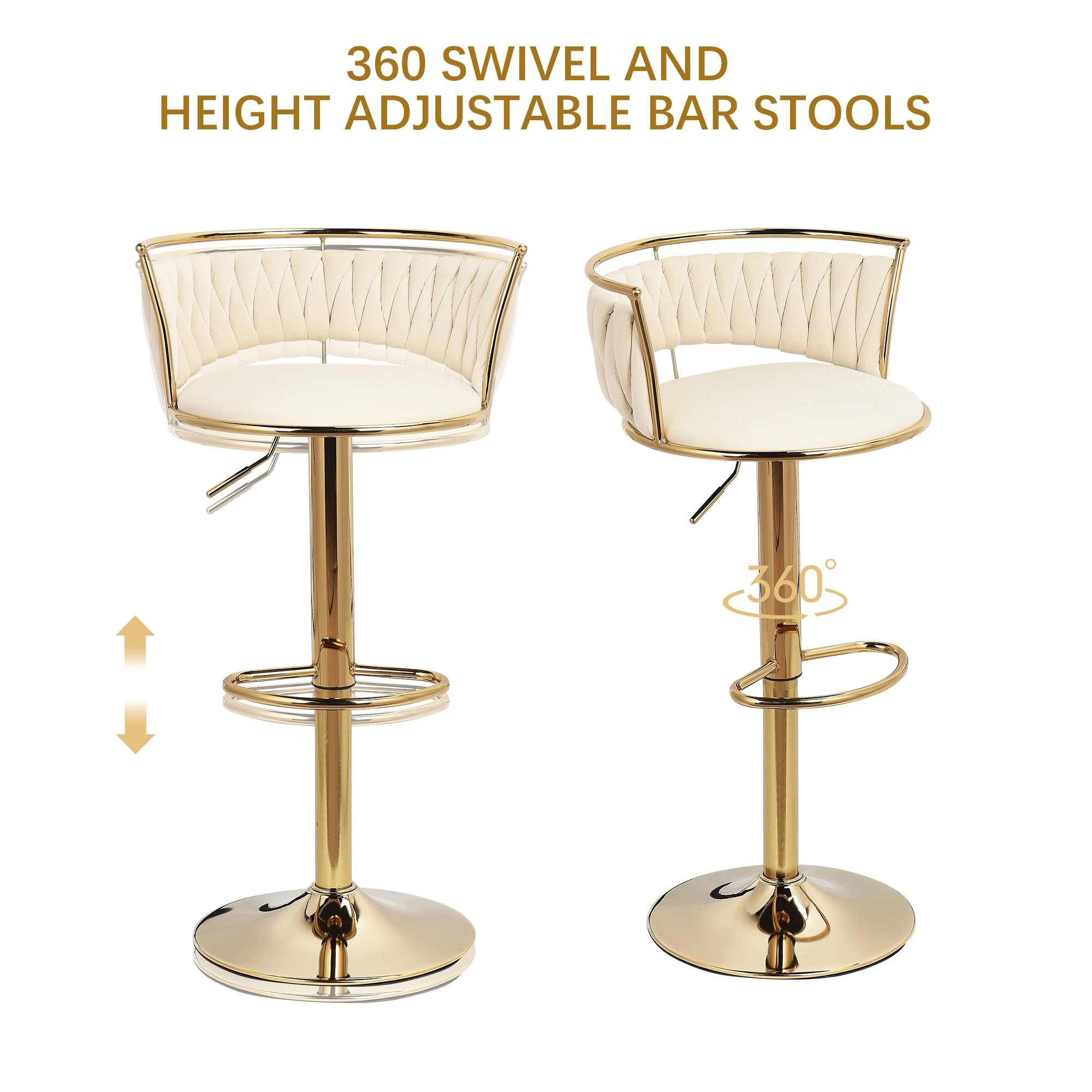 Juego de taburetes de bar de 2 piezas, silla, taburete de bar pequeño con respaldo, altura ajustable, taburete de mostrador de terciopelo y metal