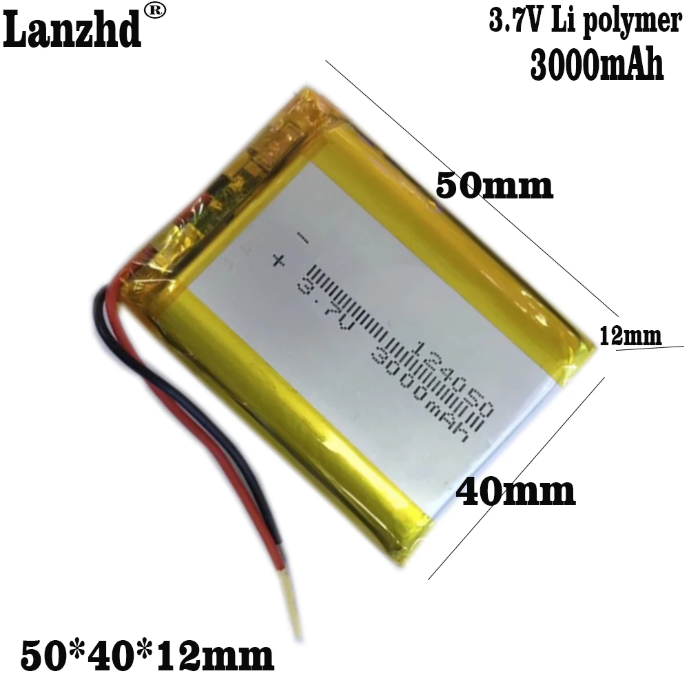 

3.7V 3000 mAh Rechargeable Polymer Li Lithium Lipo Battery 124050 Thermistor 2 Wire For GPS Power Bank E-Book PAD DVD Tablet PC