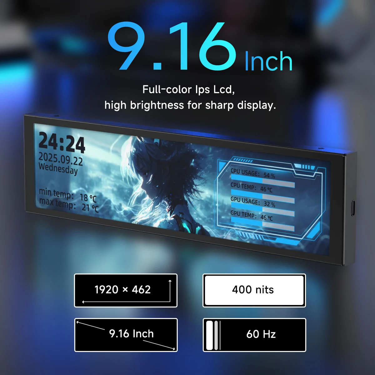 AJAZZ NKP02 9.16-inch IPS computer monitoring strip 1920 × 462 PC hardware monitoring screen DIY AIDA64 auxiliary screen