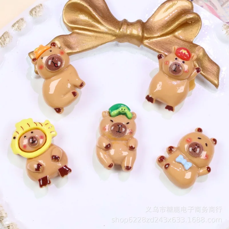 5PCS Hot Kawaii Kapibala Series Resin Toy Cute Cartoon Exquisite Creativity DIY Mobile Phone Case Hair Clip Material Supplies - view 2