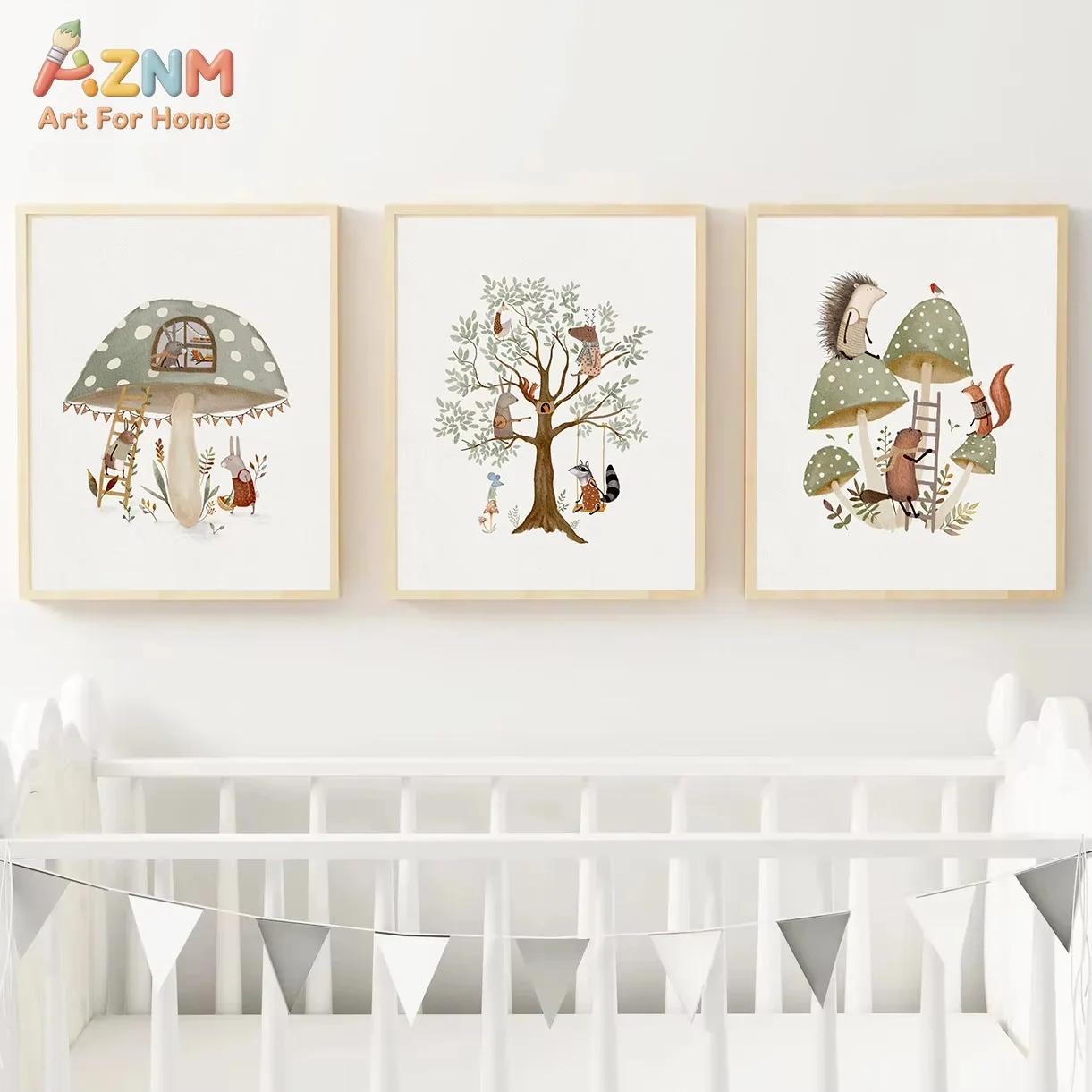 Abstract Tree & Mushroom Woodland Animal Art Canvas Prints Sage Green Wall Art Nursery Poster for Modern Living Room Home Decor