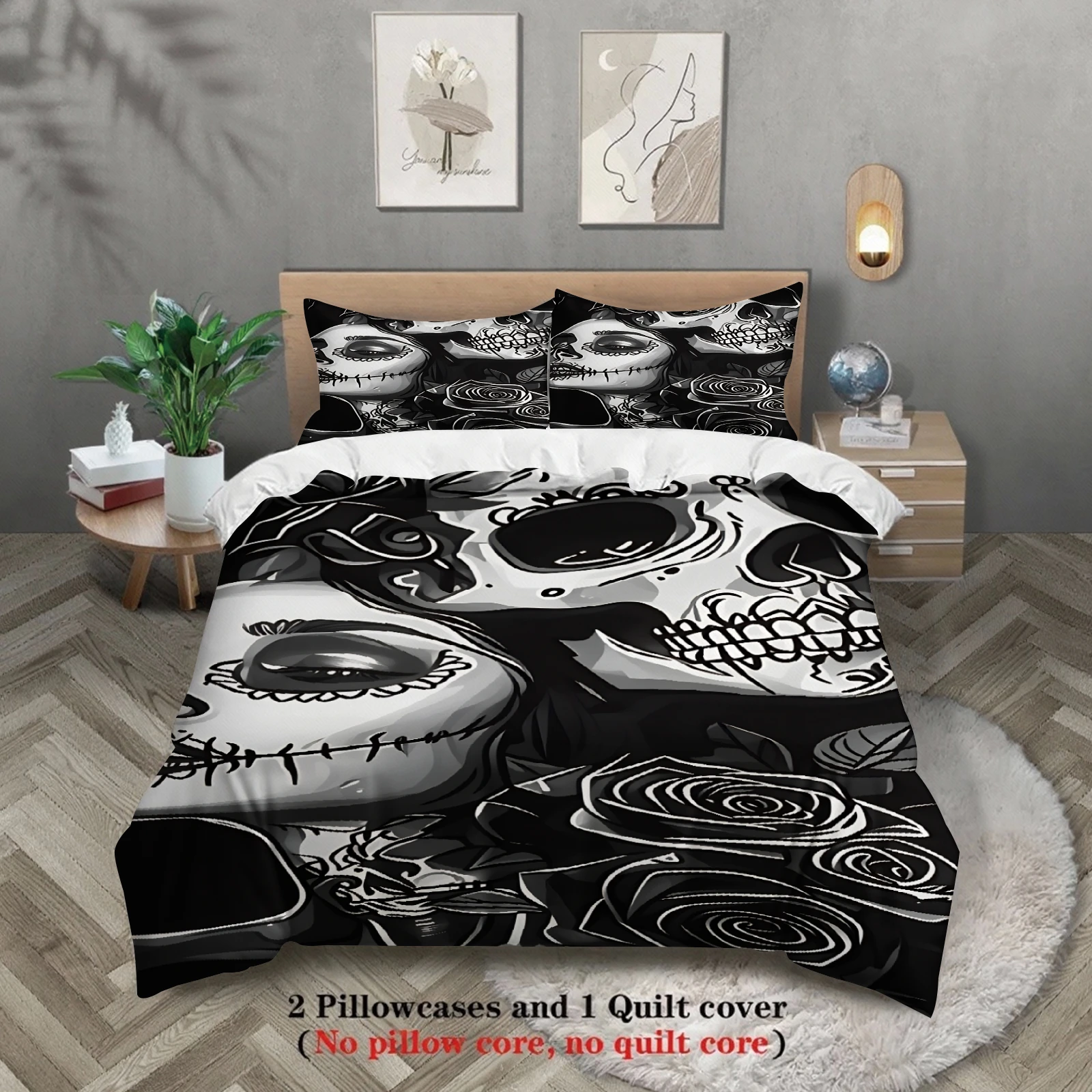 3pcs Skull And Rose Bedding Sets 3D Printed Black And White Duvet Cover Sets With Pillowcases No Filling