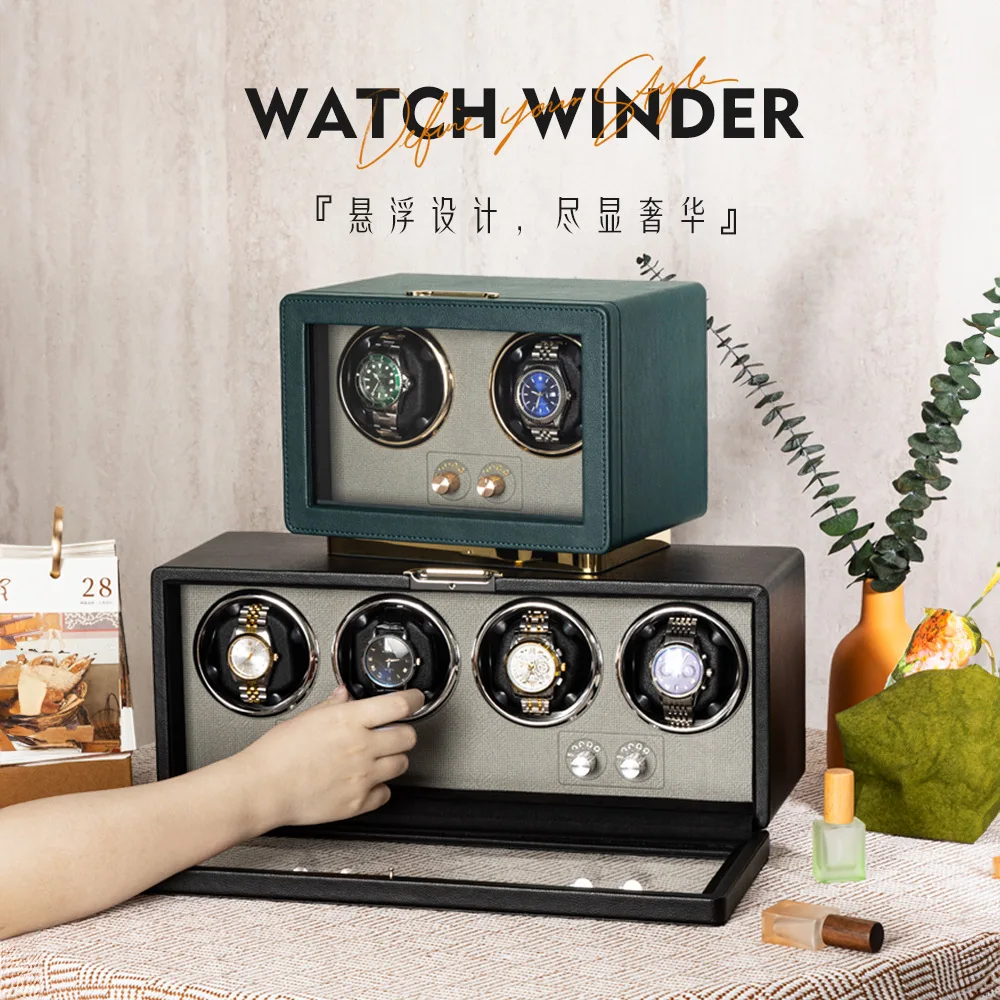Luxury Auto-Stop LED 4 Watch Winder Personalized Green Black Leather Automatic Storage Box Premium Watch Display Case Protective
