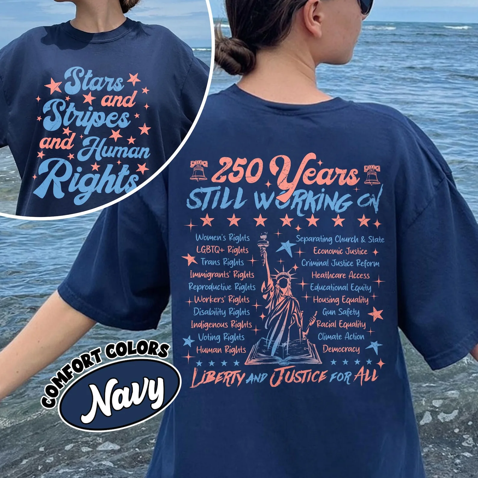 Chemise en coton Stars and Stripes et Human Rightscotton, 250 Years America On Social Justice, Patriotic 4th of July Tee