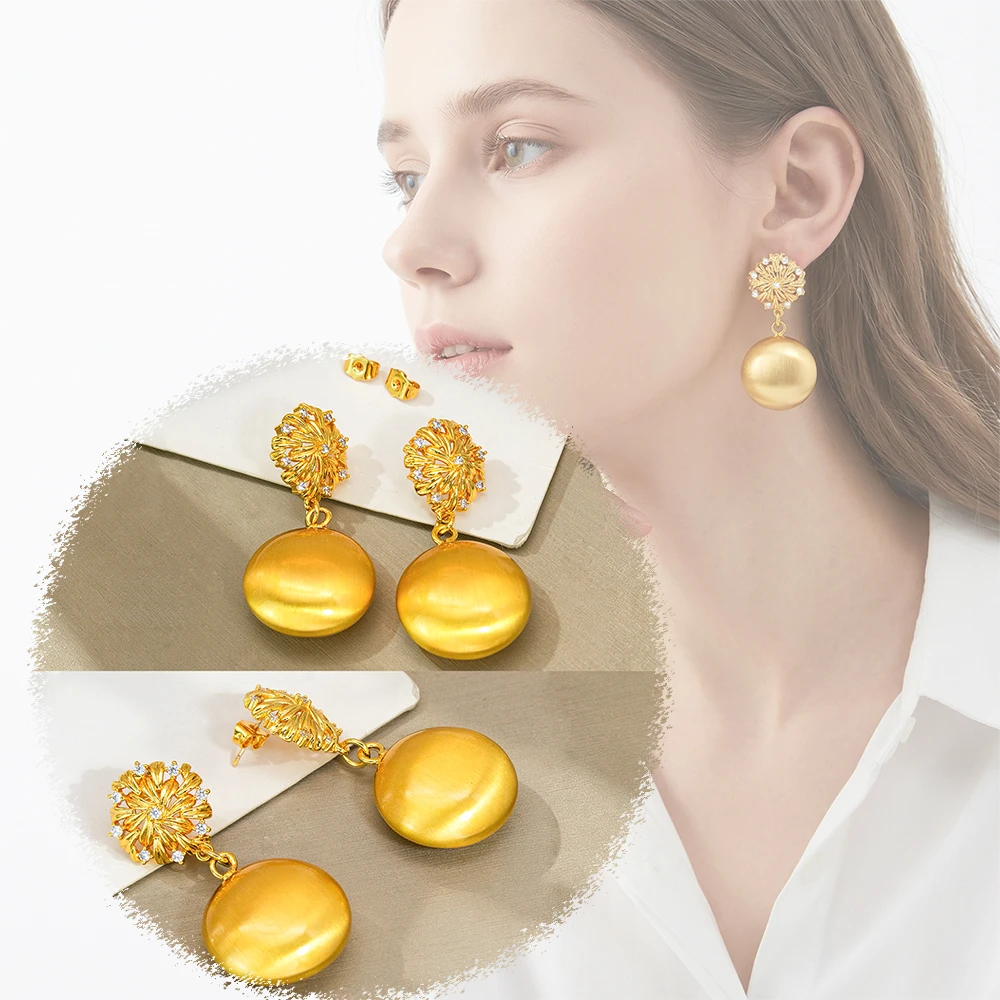 YTJX 18K vergoldete florale Zirkon-Ohrhänger, runde, mattgoldfarbene Ohrhänger für Damen, luxuriöses Geschenk für Abendpartys – Detail 1