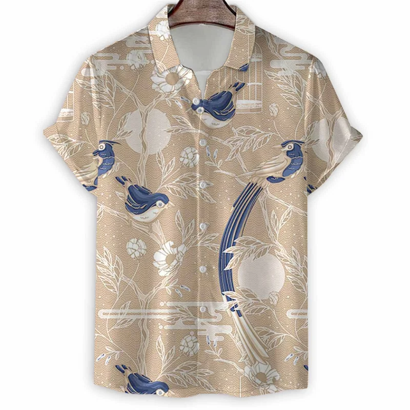 Cartoon 3d Print Birds Hawaiian Shirt Men Summer Animal Painting Short Sleeve Tees Loose Button Shirts Tops Street Lapel Blouse