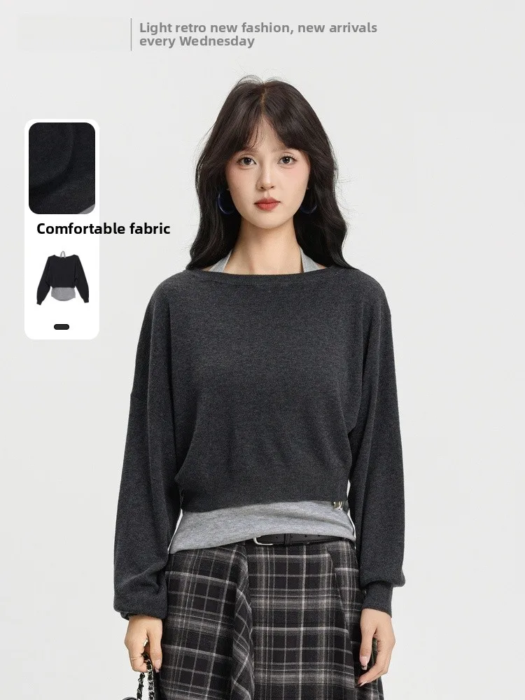 

Модный вязаный комплект-двойка Memory's Starting Point Зима 2025: Новинка, свободный крой, длинный рукав, круглый вырез