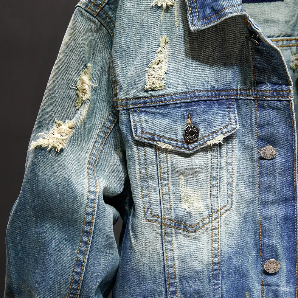 New Men\'s Retro Ripped Denim Jacket Fashion Washed Denim Top Outerwear