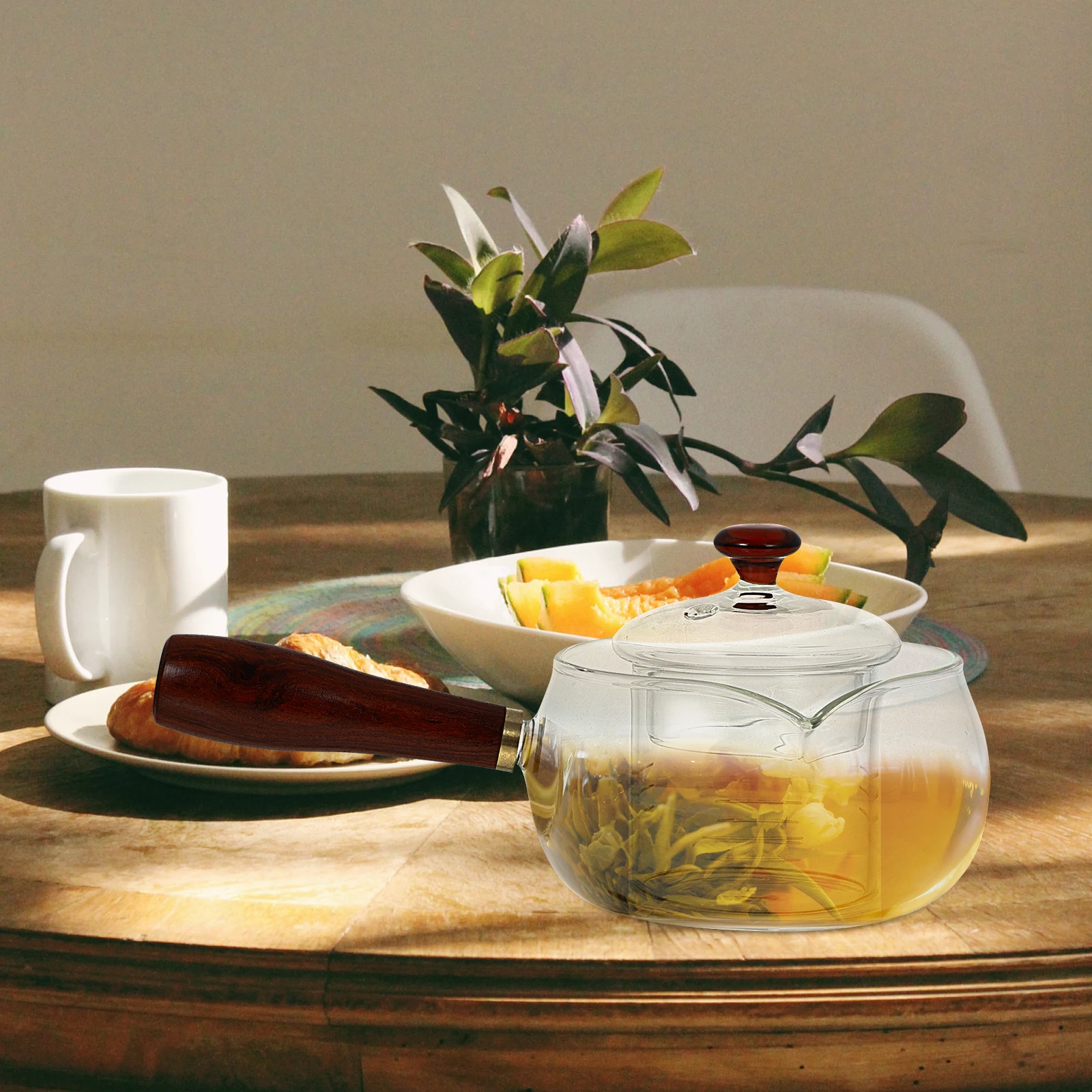 

Glass Tea Pot Stove Top Clear Teapot Wood Handle Filter Infuser Kettle Separator Steamer Heat Resistant Easy Use