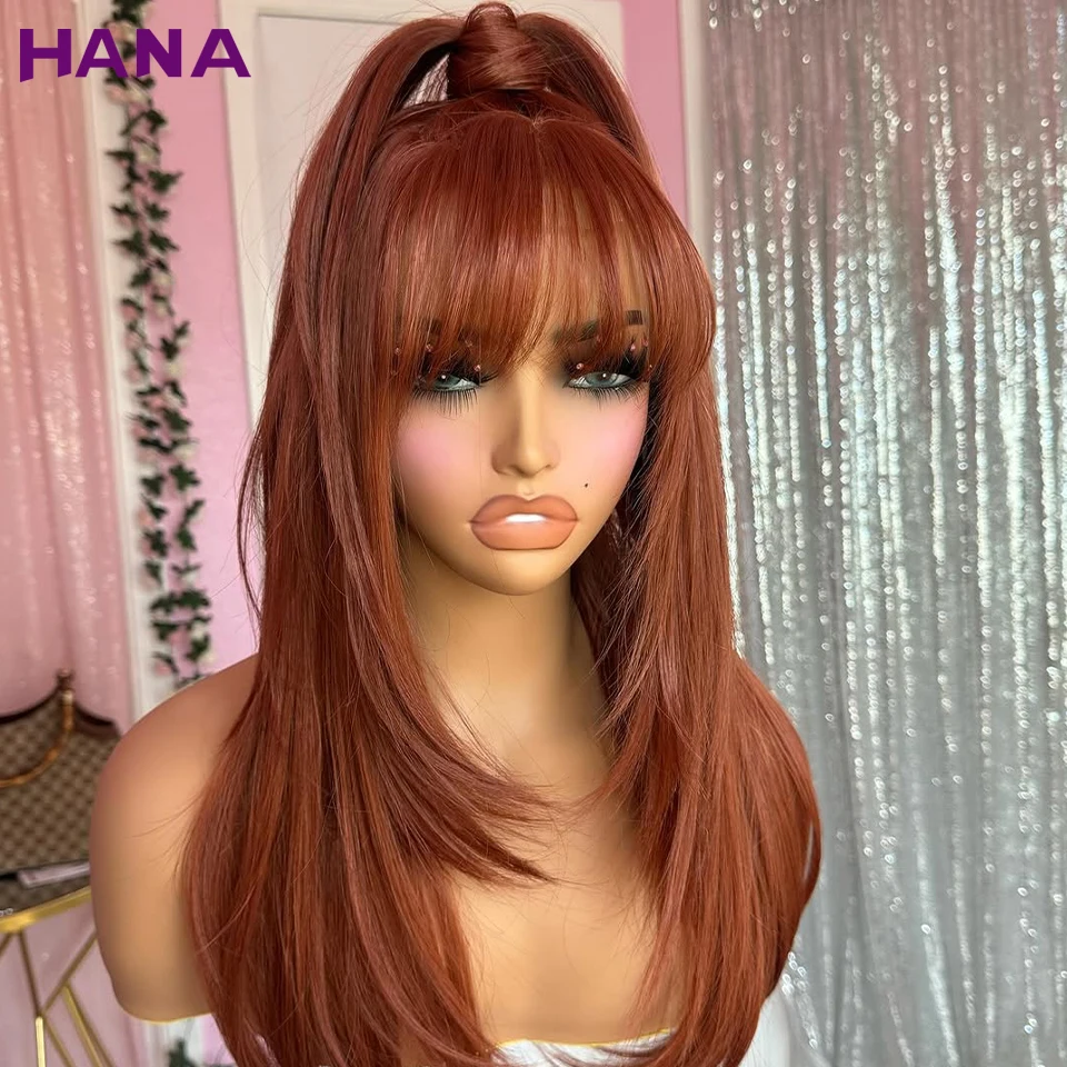 

Orange Brown Colored Straight With Bangs Transparent Lace 13x4 13x6 Lace Frontal Wig Pre-Plucked Remy 100% Human Hair Wavy Wigs