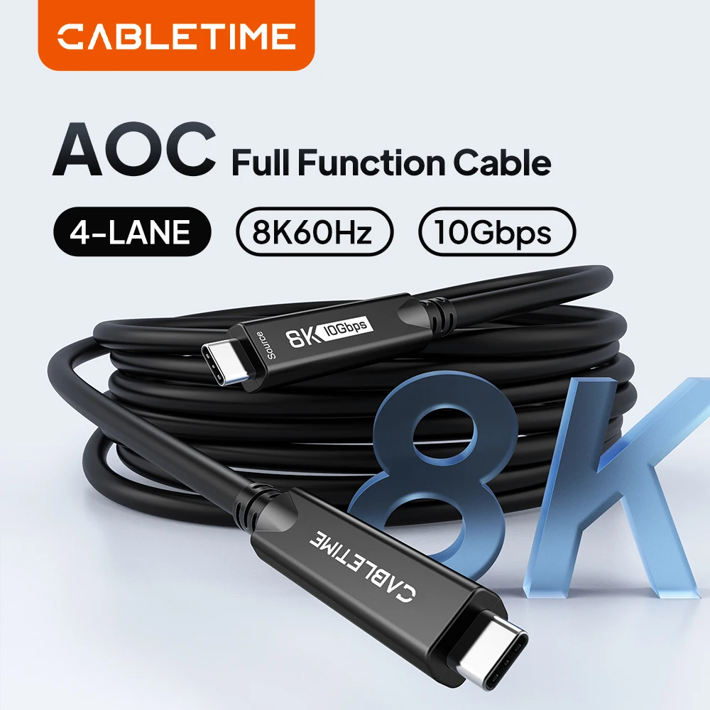 

Кабель CABLETIME 8K@60Гц 10 Гбит/с для сверхбыстрой синхронизации данных на больших расстояниях и зарядки, USB-C на USB-C, 15 м, двухрежимный, полнофункциональный