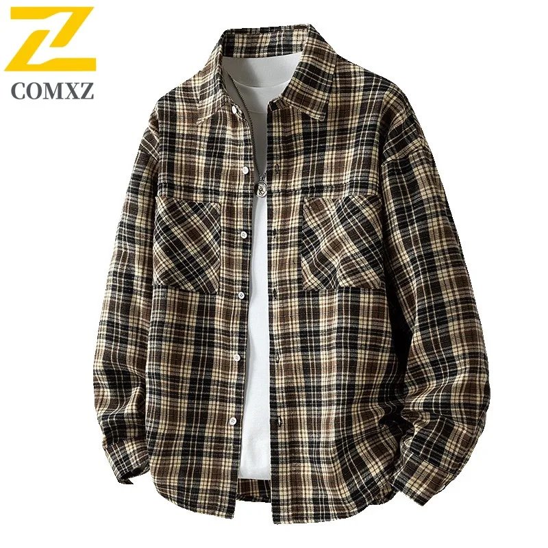 

COMXZ Мужская куртка Осенняя мода Классический отложной воротник Винтаж Деловая легкая ветрозащитная верхняя одежда Клетчатая рубашка Свободное пальто