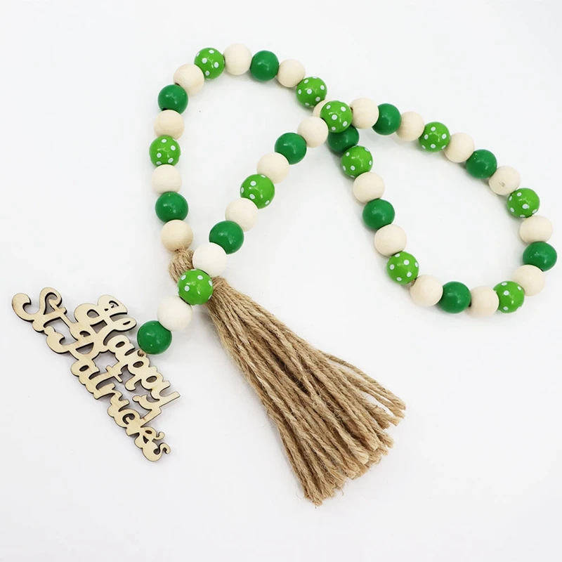 2 Pieces Saint Patrick Day Wood Bead Garland Tassel Garland Farmhouse Rustic Prayer Beads For St.Patrick Day Decor