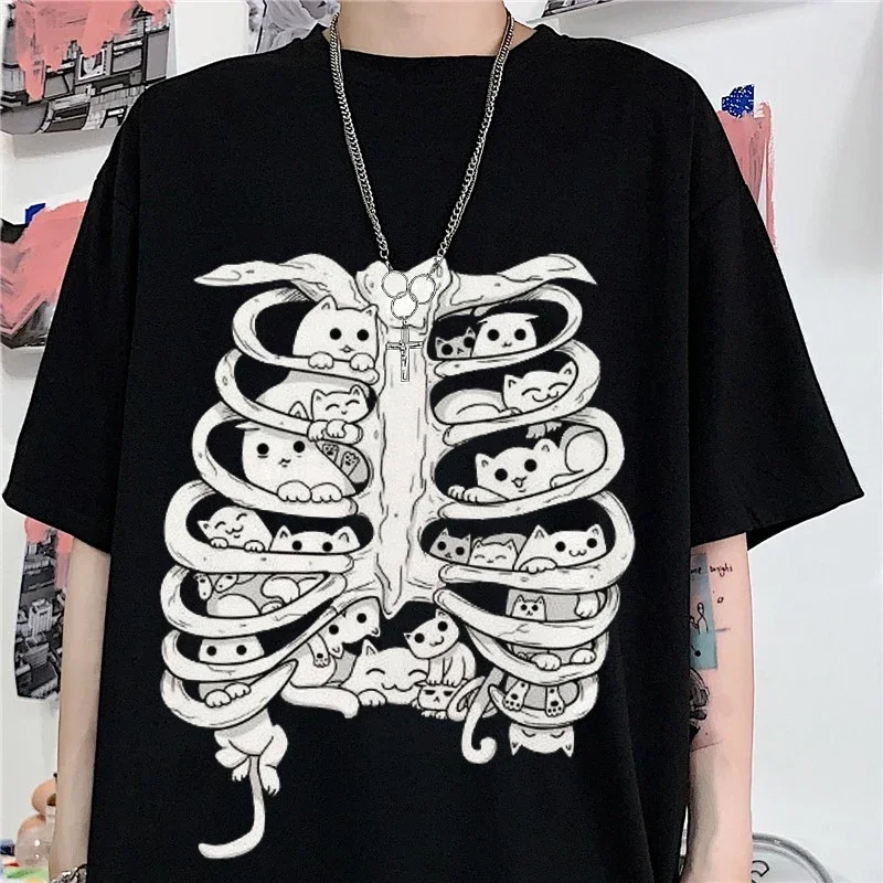 Camisetas negras divertidas para hombre y mujer, camiseta de manga corta con estampado de gatos pequeños en el esqueleto, Tops negros de cuello