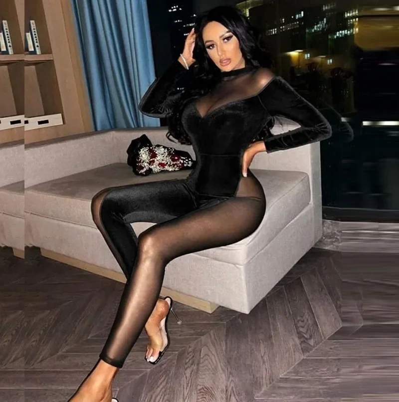 Women Sexy See Through Mesh Patchwork Velvet Skinny Jumpsuits Turtleneck Long Sleeve Peach Hips Slim Night Club Party Overalls