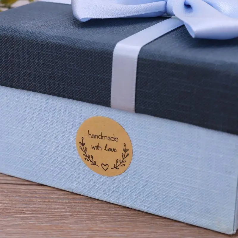 HX6D 500pcs Natural Handmade With Love Kraft Paper Stickers Round Adhesive Labels