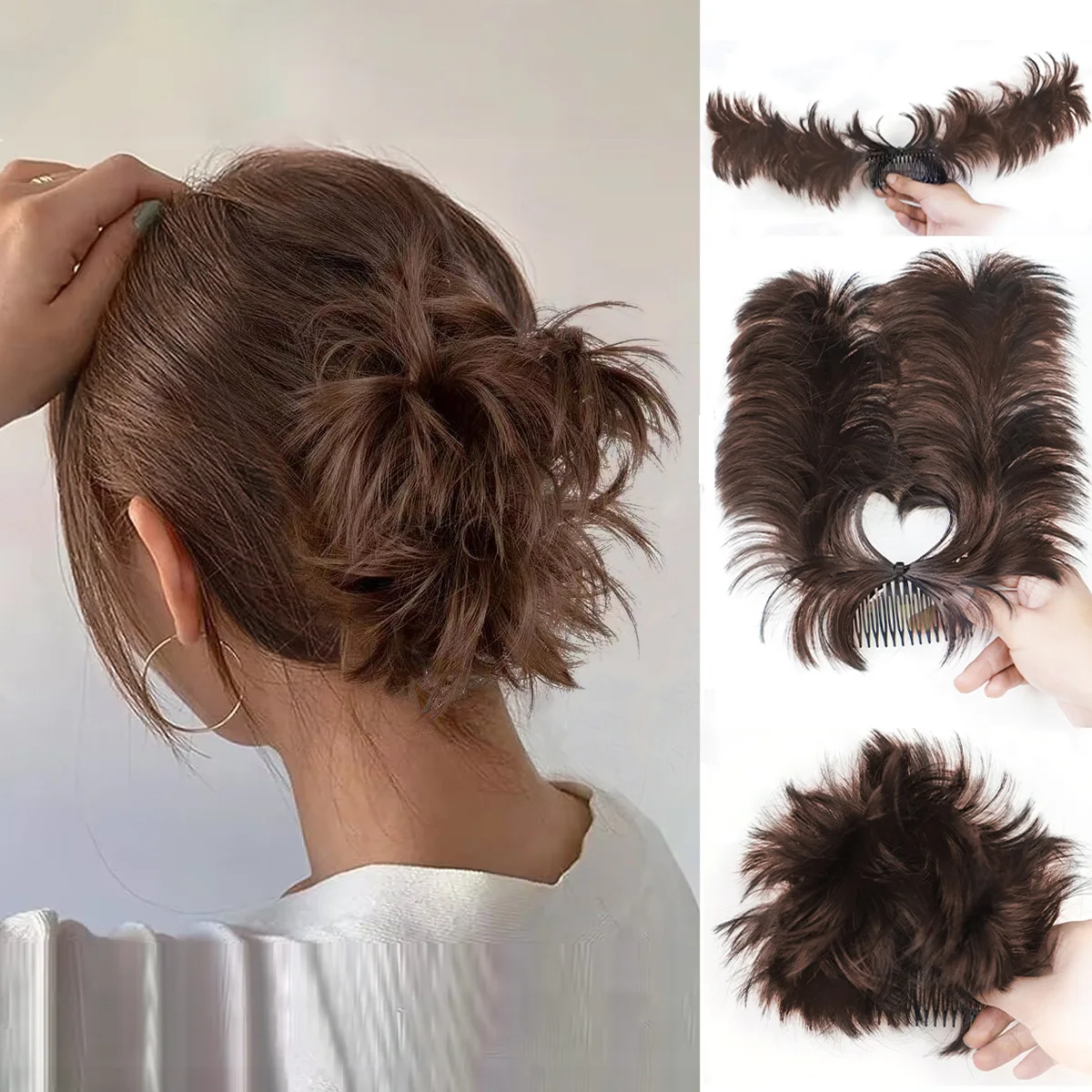 Sylhair Synthetic Fluffy Messy Bun Updo HairPiece for Women Side Comb Clip in Chignon Short Adjustable Styles Easy Hair Pieces