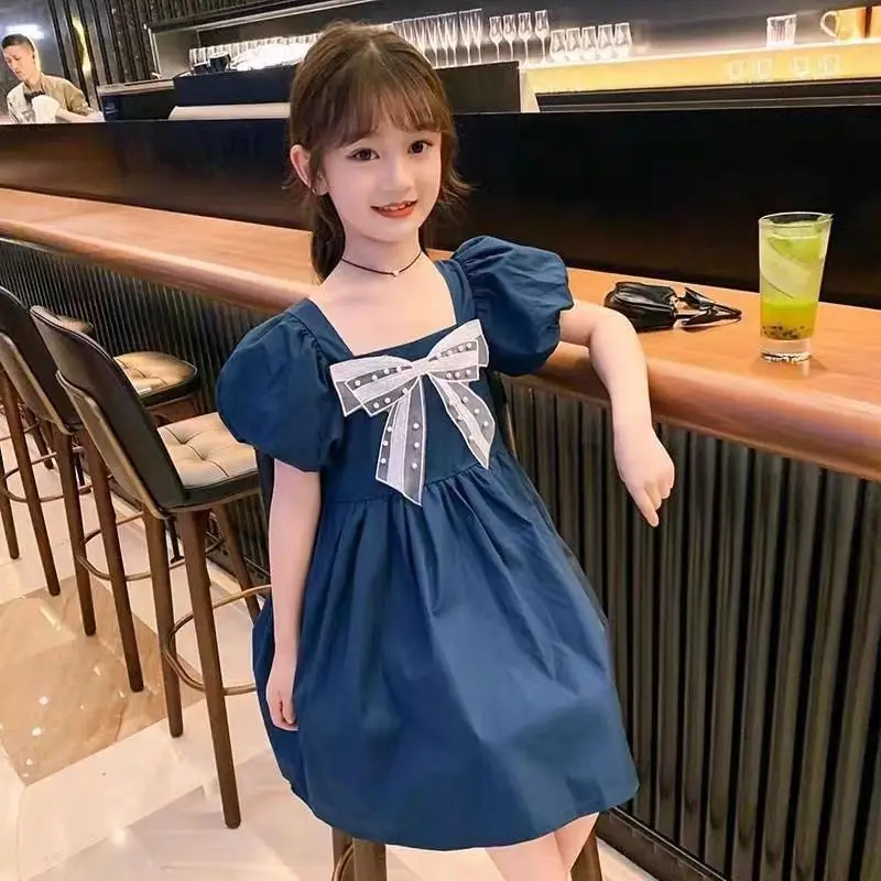 

Girls' Bowknot Dress 2023 Summer New Little Girl Thin Dress Children Puff Sleeve Princess Dress