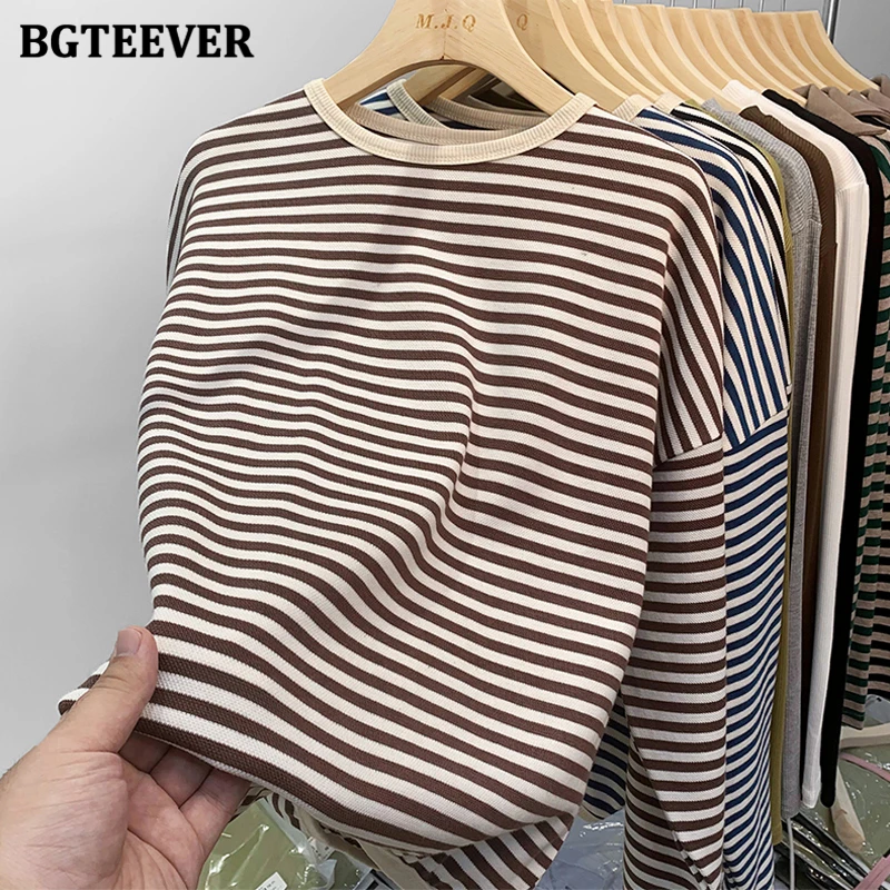 BGTEEVER Casual O-neck Striped Pullovers Women Long Sleeve Loose Spring Autumn Women Sweatshirts Vintage Female Tops