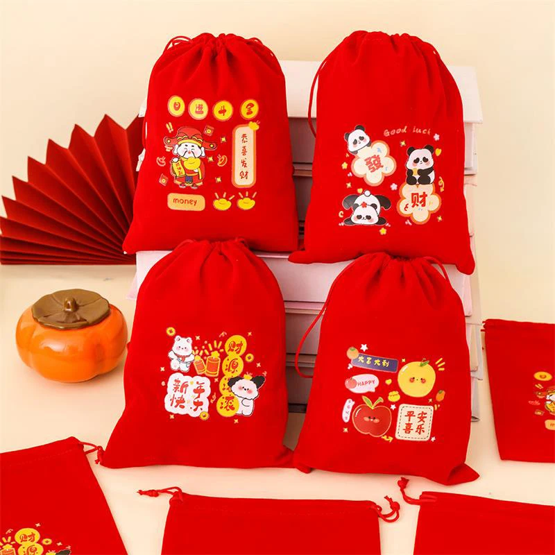 Cute New Year Lucky Flannel Drawstring Bag Children's Spring Festival Candy Snack Blessing Bag Flannel Blessing Gift Storage Bag