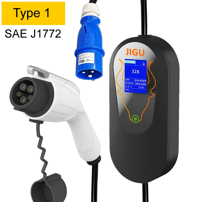

Автомобильное зарядное устройство JIGU Level 2 Type 1 7 кВт SAE J1772 Портативное зарядное устройство для электромобилей с вилкой CEE 32 А, ток 8-32 А, задержка зарядки 0–10 часов