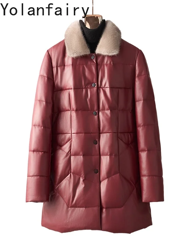 YOLANFAIRY Prawdziwa Skórzana Kurtka Damska z Owczej Skóry Zimowa Średniej Długości Skórzana Kurtka Puchowa z Kołnierzem z Futra Norki Wyszczuplająca Ciepła Czerwona Kurtka Puchowa