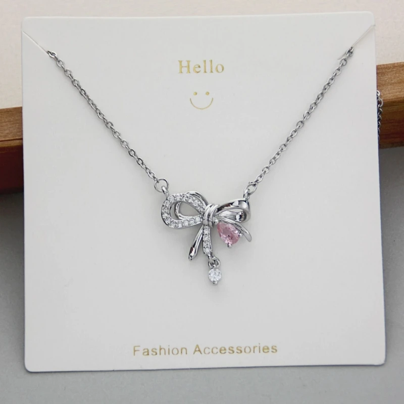 1 Pcs Pink Diamond Bow Copper Pendant Necklace Light Luxury Style Niche Sweet Hundred Necklace