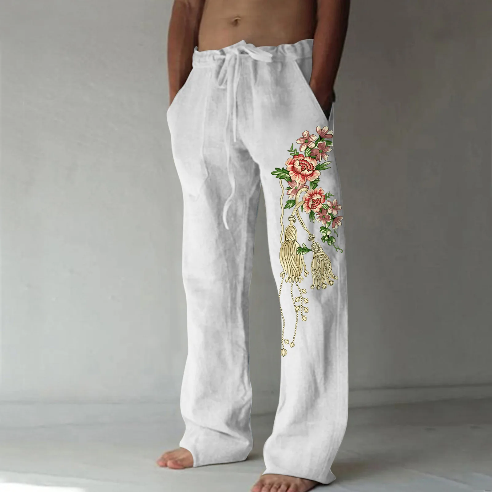 Pantalones holgados de lino y algodón para hombre, pantalón informal con estampado de flores, bolsillos y cordones, de pierna ancha, longitud completa, con cordón, para vacaciones en la playa