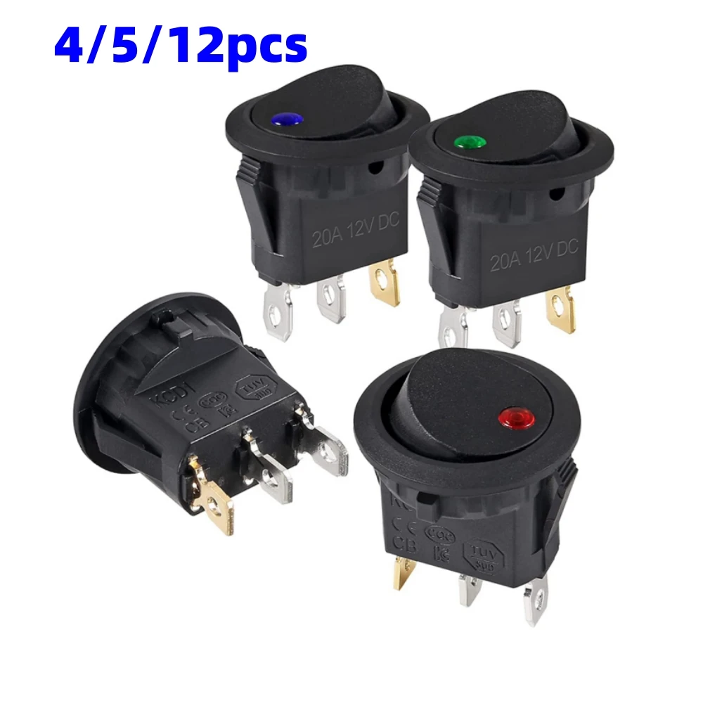 4/5/8/12pcs Rocker Toggle Switch 3Pins 12V 20A Wired Round LED Light Power On Off Switch SPST for Car Truck Vehicle