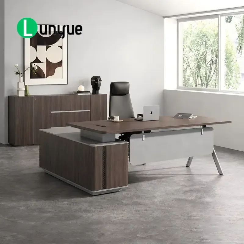 Modern L Shaped Executive Desk with Back to Back Cabinets and Bookshelves Geometric Texture for Manager Office Leadership