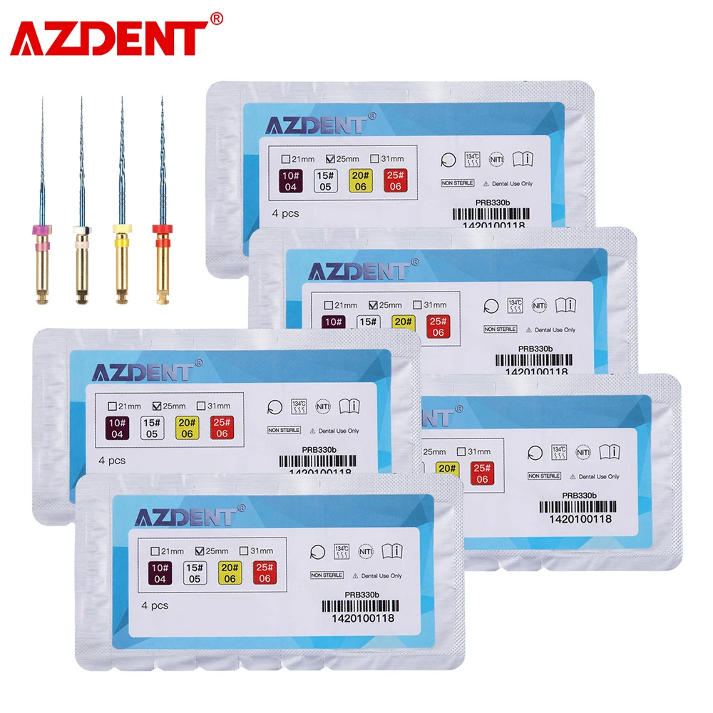 5 Packs AZDENT Dental Engine Use 25mm 10#-25# NiTi Rotary File Endo Root Canal Files S Cross Section 4pcs/Pack